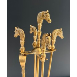 Neoclassical Brass Fireplace Companion Set with Horse Head Handles, Circa 1950