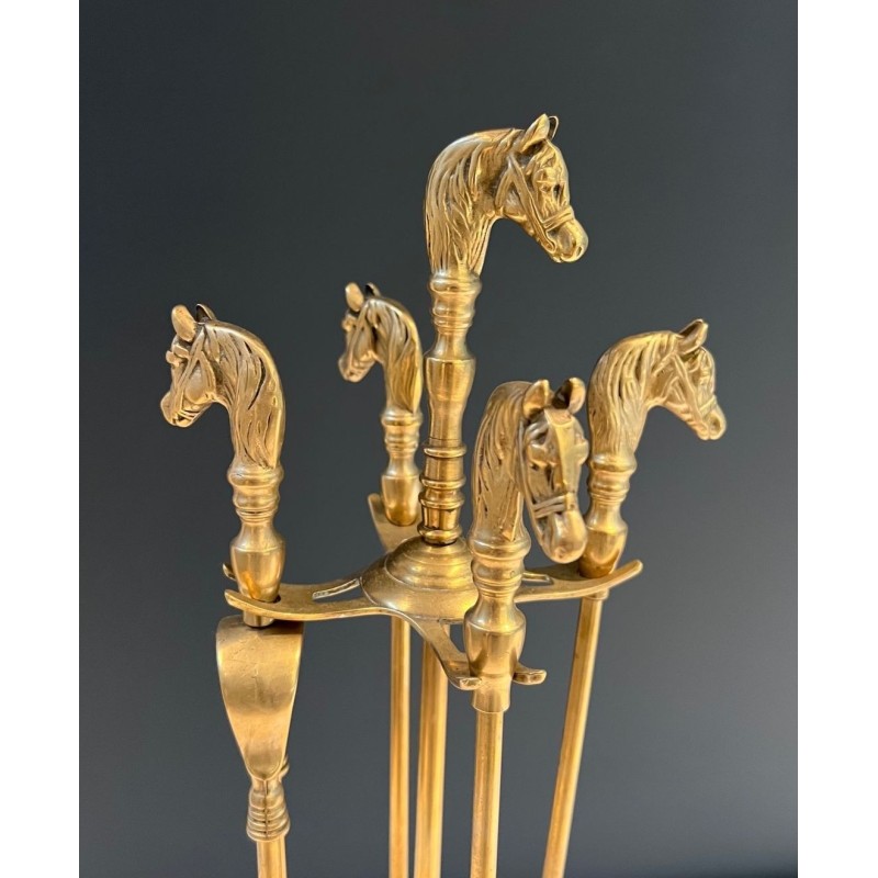 Nécessaire de Feu Néoclassique en Laiton à Manches de Têtes de Cheval, Vers 1950