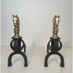 Pair of Gilt Bronze and Wrought Iron Horse Head Andirons, French, Circa 1900
