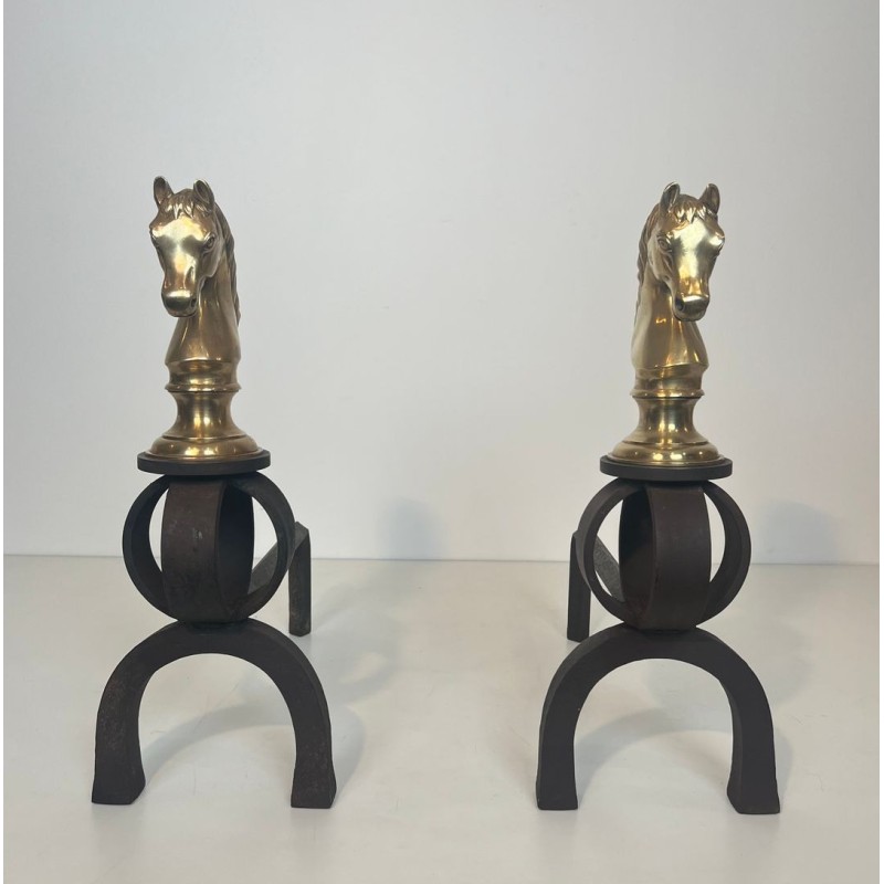 Paire de Chenets en Bronze Doré et Fer Forgé à Têtes de Chevaux, Vers 1900