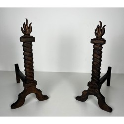 Pair of Wrought Iron and Gilt Cast Iron Flame Andirons, in the Style of Gilbert Poillerat