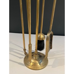 Neoclassical Brass Fireplace Companion Set with Horse Head Handles, Circa 1950