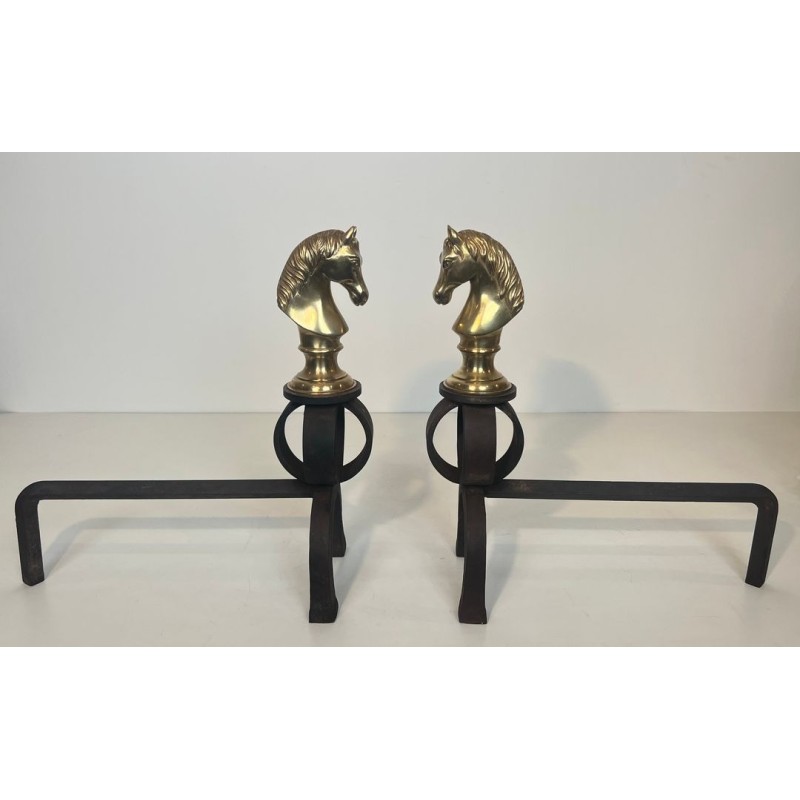 Pair of Gilt Bronze and Wrought Iron Horse Head Andirons, French, Circa 1900