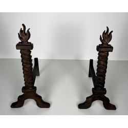 Pair of Wrought Iron and Gilt Cast Iron Flame Andirons, in the Style of Gilbert Poillerat
