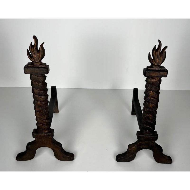 Pair of Wrought Iron and Gilt Cast Iron Flame Andirons, in the Style of Gilbert Poillerat