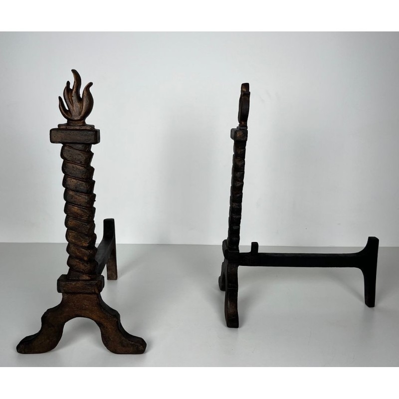 Pair of Wrought Iron and Gilt Cast Iron Flame Andirons, in the Style of Gilbert Poillerat