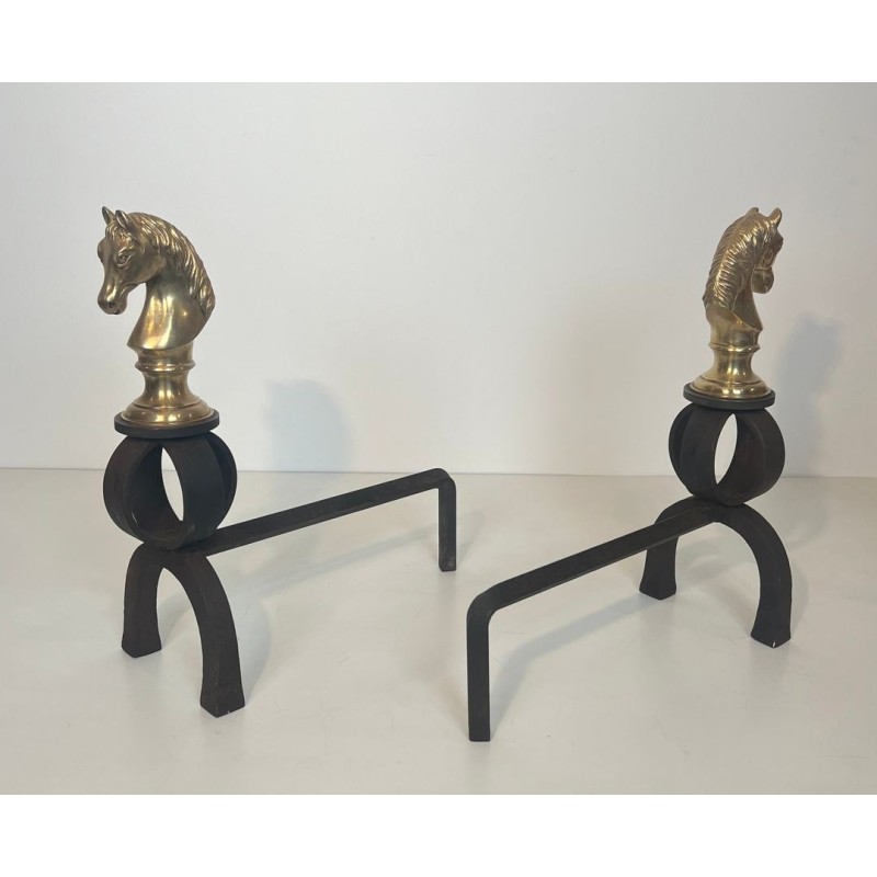 Pair of Gilt Bronze and Wrought Iron Horse Head Andirons, French, Circa 1900