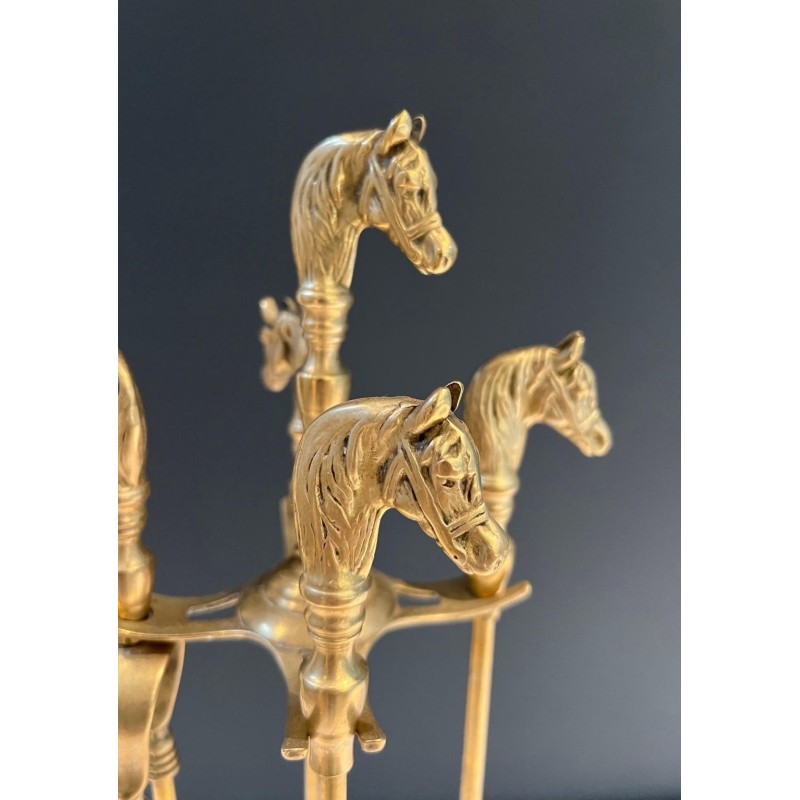 Neoclassical Brass Fireplace Companion Set with Horse Head Handles, Circa 1950