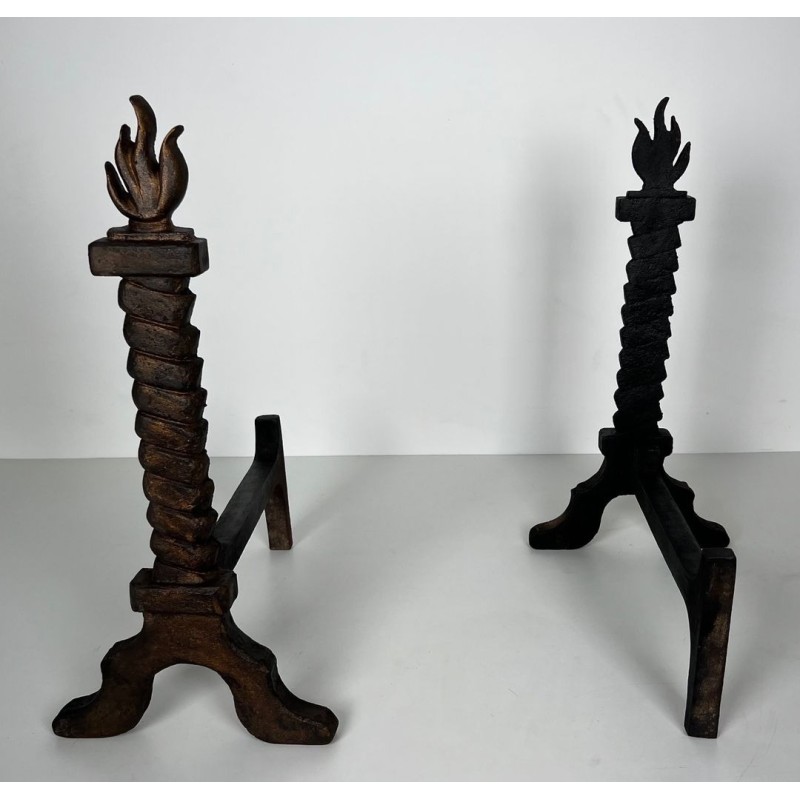 Pair of Wrought Iron and Gilt Cast Iron Flame Andirons, in the Style of Gilbert Poillerat