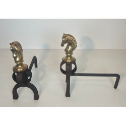 Paire de Chenets en Bronze Doré et Fer Forgé à Têtes de Chevaux, Vers 1900
