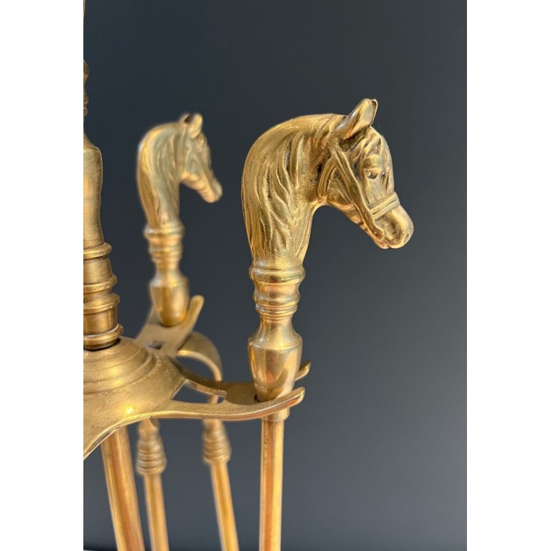 Nécessaire de Feu Néoclassique en Laiton à Manches de Têtes de Cheval, Vers 1950