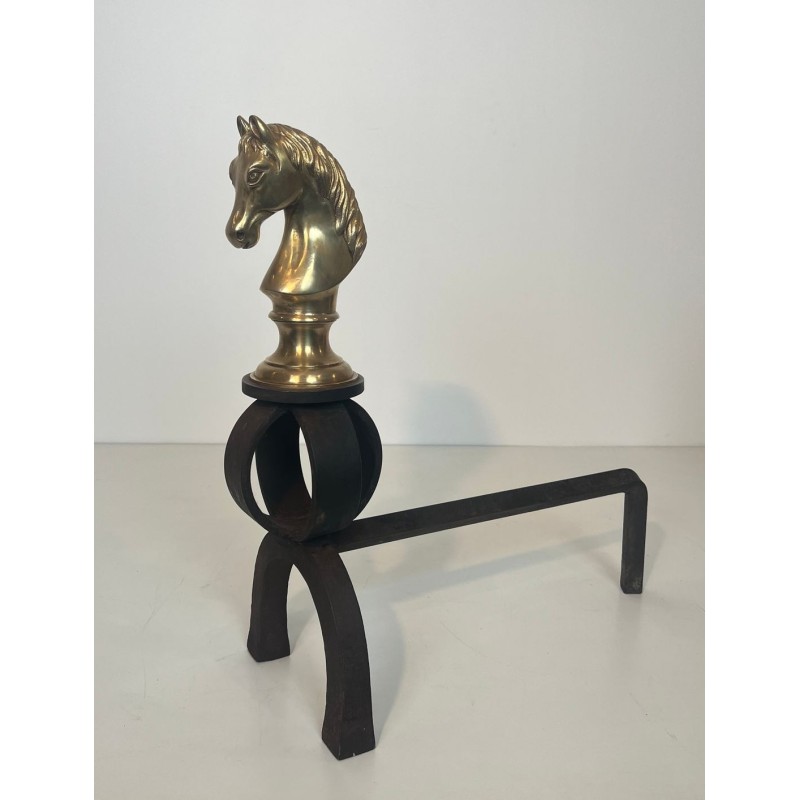 Pair of Gilt Bronze and Wrought Iron Horse Head Andirons, French, Circa 1900