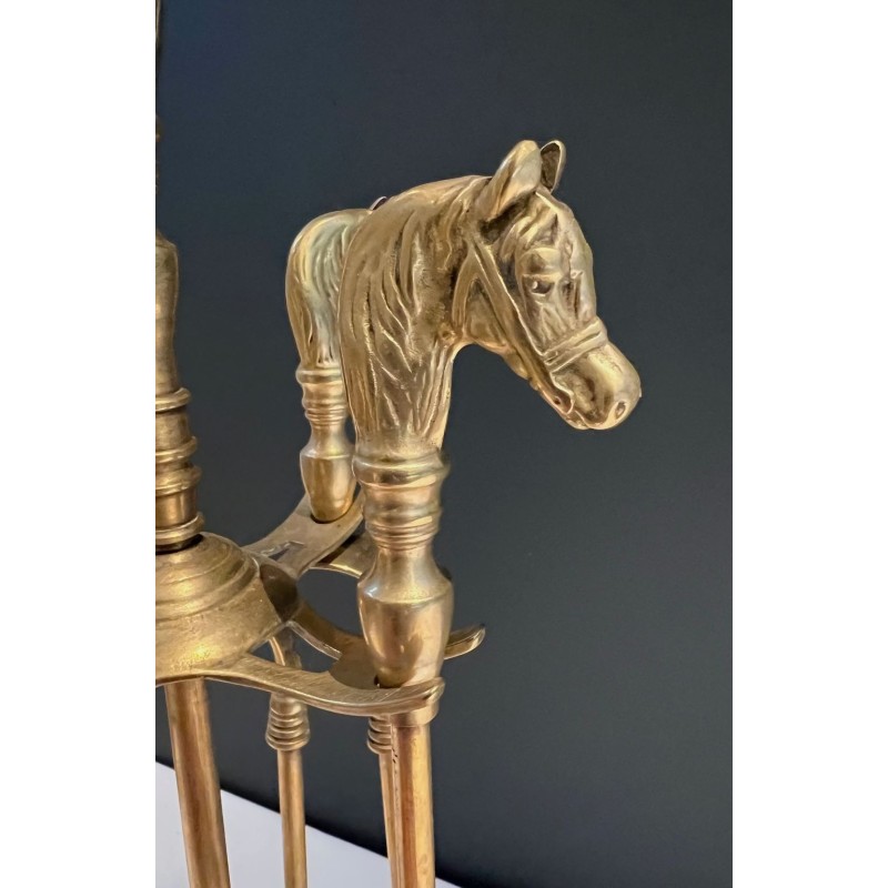 Nécessaire de Feu Néoclassique en Laiton à Manches de Têtes de Cheval, Vers 1950