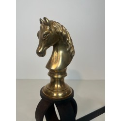 Pair of Gilt Bronze and Wrought Iron Horse Head Andirons, French, Circa 1900