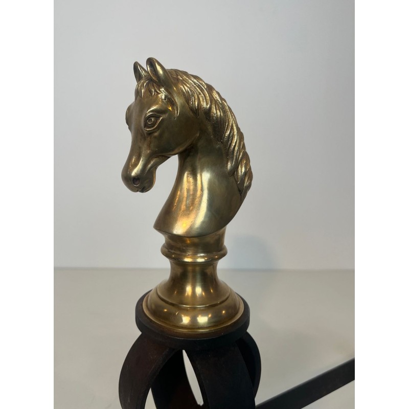 Paire de Chenets en Bronze Doré et Fer Forgé à Têtes de Chevaux, Vers 1900