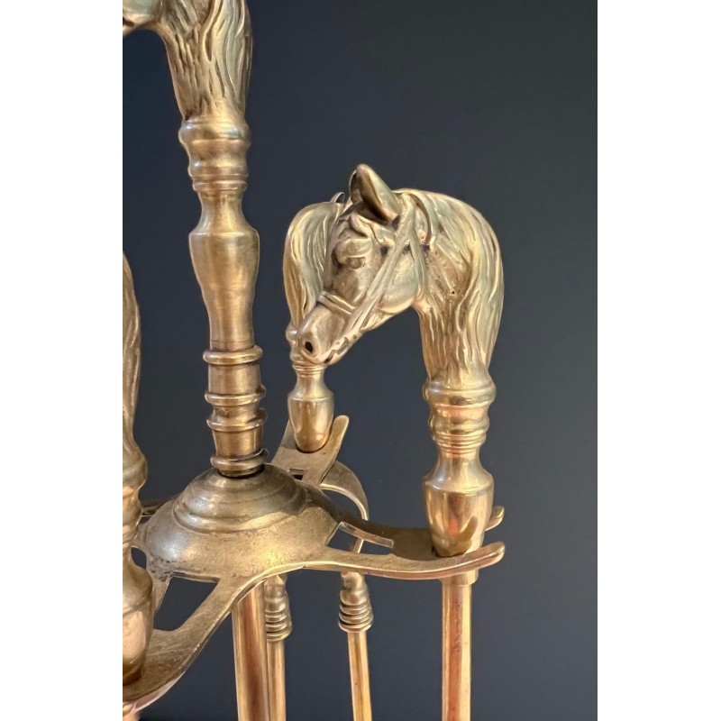 Neoclassical Brass Fireplace Companion Set with Horse Head Handles, Circa 1950