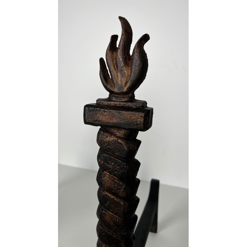 Pair of Wrought Iron and Gilt Cast Iron Flame Andirons, in the Style of Gilbert Poillerat