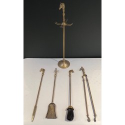 Nécessaire de Feu Néoclassique en Laiton à Manches de Têtes de Cheval, Vers 1950