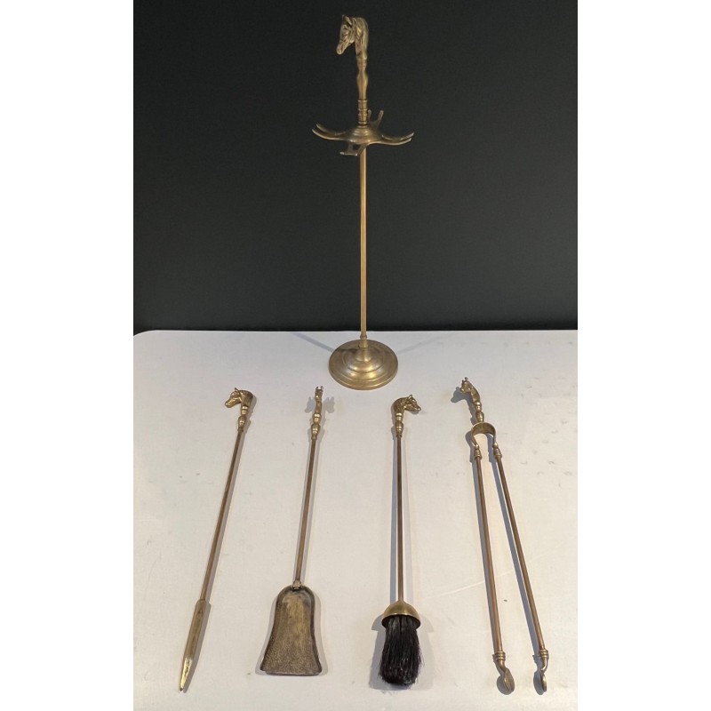 Nécessaire de Feu Néoclassique en Laiton à Manches de Têtes de Cheval, Vers 1950