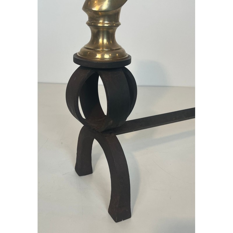 Paire de Chenets en Bronze Doré et Fer Forgé à Têtes de Chevaux, Vers 1900