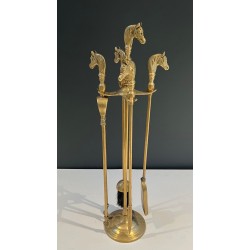 Nécessaire de Feu Néoclassique en Laiton à Manches de Têtes de Cheval, Vers 1950