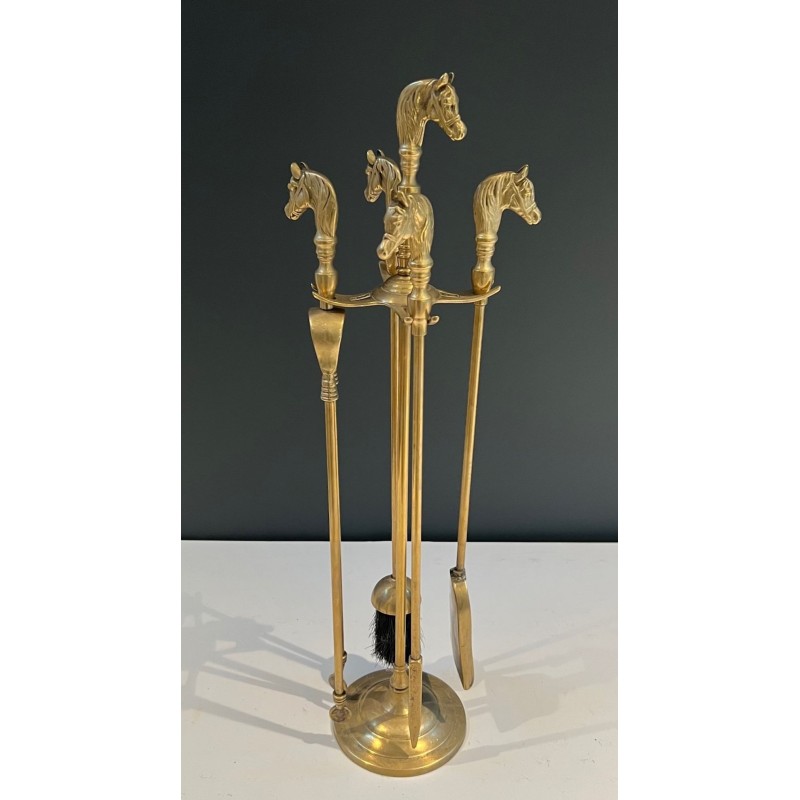 Neoclassical Brass Fireplace Companion Set with Horse Head Handles, Circa 1950