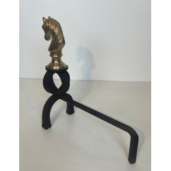 Pair of Gilt Bronze and Wrought Iron Horse Head Andirons, French, Circa 1900