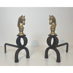 Pair of Gilt Bronze and Wrought Iron Horse Head Andirons, French, Circa 1900
