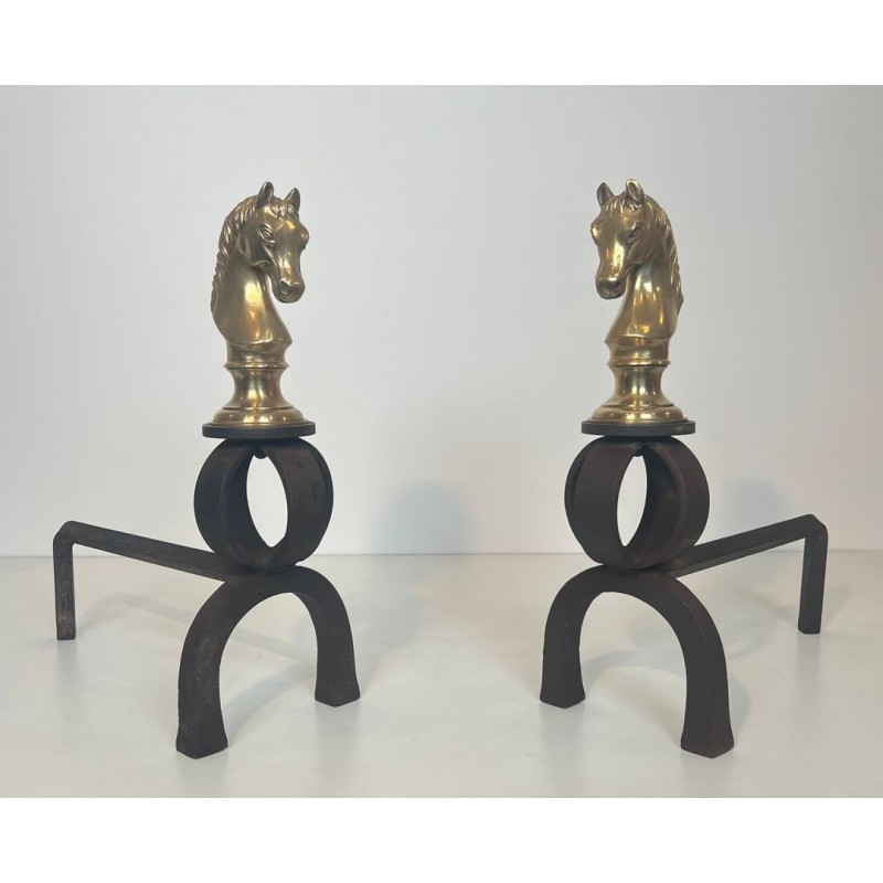 Paire de Chenets en Bronze Doré et Fer Forgé à Têtes de Chevaux, Vers 1900