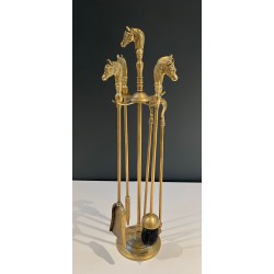 Nécessaire de Feu Néoclassique en Laiton à Manches de Têtes de Cheval, Vers 1950