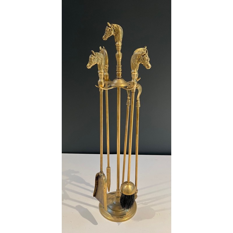 Nécessaire de Feu Néoclassique en Laiton à Manches de Têtes de Cheval, Vers 1950