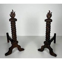 Pair of Wrought Iron and Gilt Cast Iron Flame Andirons, in the Style of Gilbert Poillerat