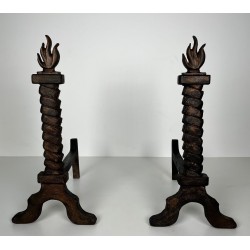 Pair of Wrought Iron and Gilt Cast Iron Flame Andirons, in the Style of Gilbert Poillerat