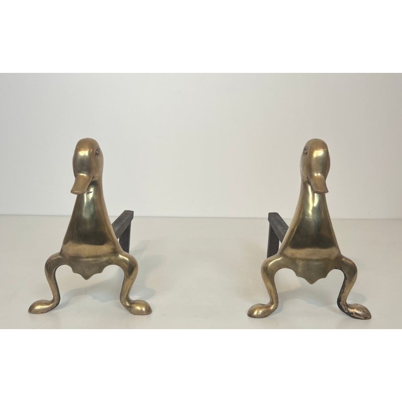 Pair of Stylised Brass Duck Andirons in the Taste of Les Lalanne, Circa 1970