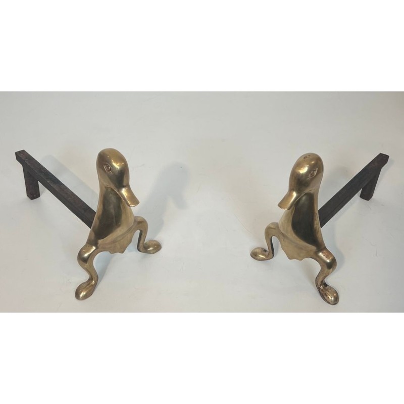 Pair of Stylised Brass Duck Andirons in the Taste of Les Lalanne, Circa 1970