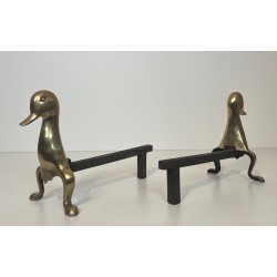 Pair of Stylised Brass Duck Andirons in the Taste of Les Lalanne, Circa 1970