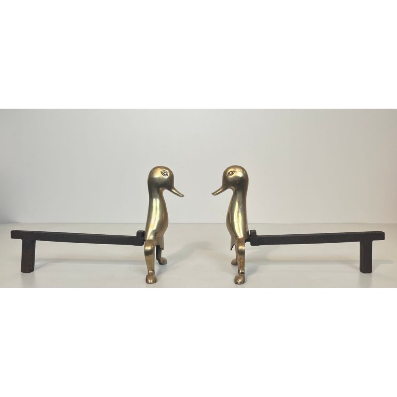 Pair of Stylised Brass Duck Andirons in the Taste of Les Lalanne, Circa 1970