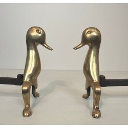Pair of Stylised Brass Duck Andirons in the Taste of Les Lalanne, Circa 1970