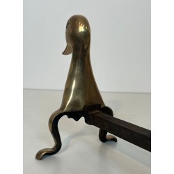 Pair of Stylised Brass Duck Andirons in the Taste of Les Lalanne, Circa 1970