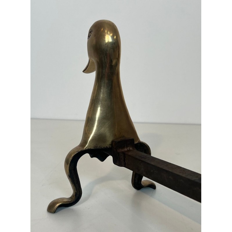 Pair of Stylised Brass Duck Andirons in the Taste of Les Lalanne, Circa 1970