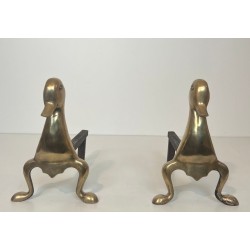 Paire de Chenets en Laiton Figurant des Canards Stylisés dans le Goût des Lalanne, Vers 1970