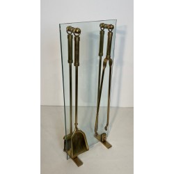 Modernist Glass and Brass Fireplace Companion Set with Hanging Tools, Circa 1970