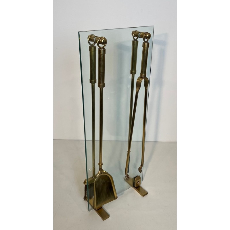 Modernist Glass and Brass Fireplace Companion Set with Hanging Tools, Circa 1970