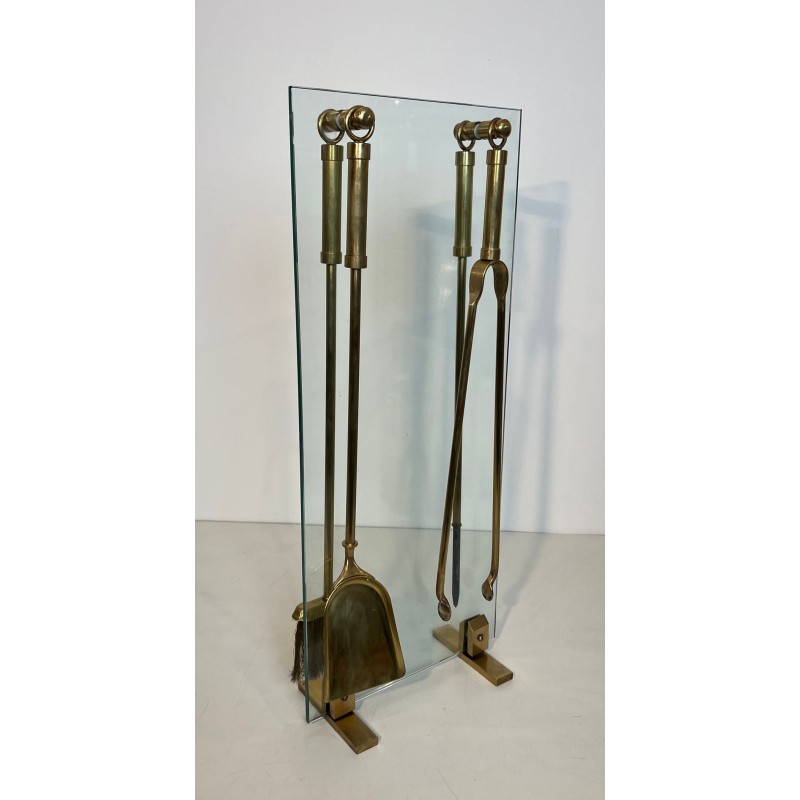 Nécessaire de Feu Moderniste en Verre et Laiton à Outils Suspendus, Vers 1970