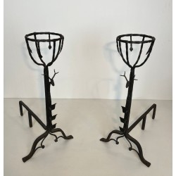 Important Pair of 19th Century Wrought Iron Landiers with Deer Head Finials