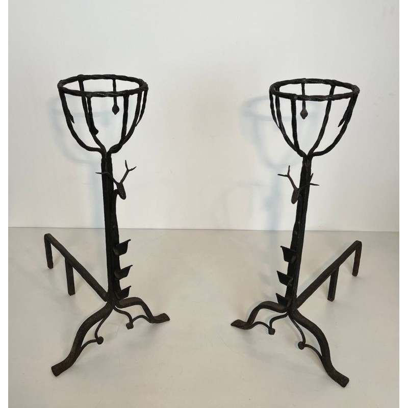 Important Pair of 19th Century Wrought Iron Landiers with Deer Head Finials