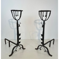 Important Pair of 19th Century Wrought Iron Landiers with Deer Head Finials