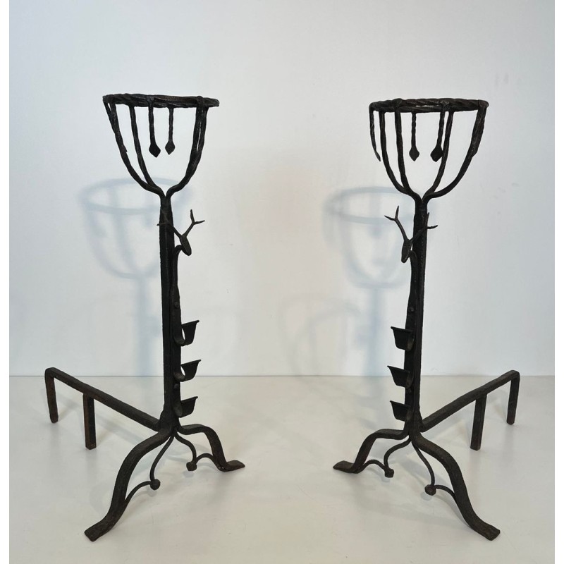 Important Pair of 19th Century Wrought Iron Landiers with Deer Head Finials