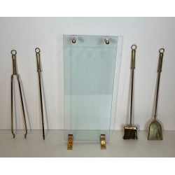 Modernist Glass and Brass Fireplace Companion Set with Hanging Tools, Circa 1970