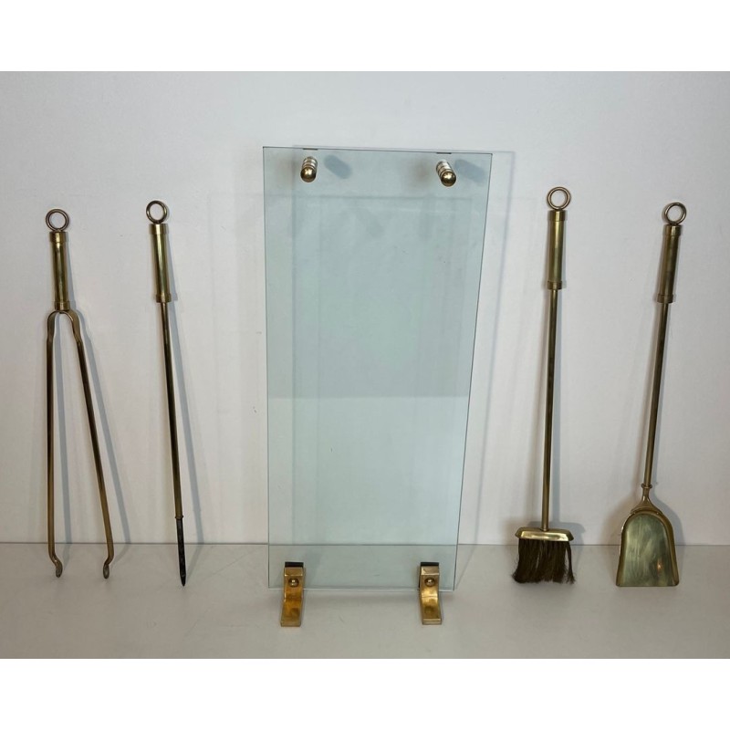 Modernist Glass and Brass Fireplace Companion Set with Hanging Tools, Circa 1970